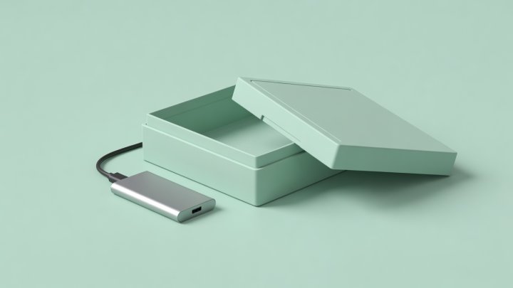 Soft-lit 3D archive storage box with an external solid-state drive and protective lid on a plain mint surface