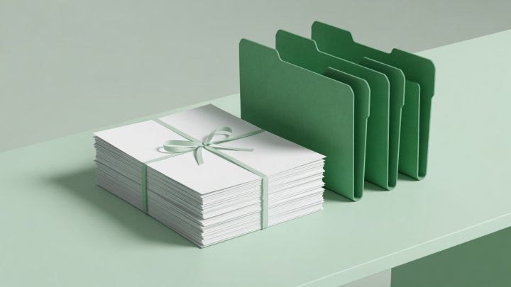 Soft-lit 3D illustration of a manageable document stack beside numbered green folders on a mint desk