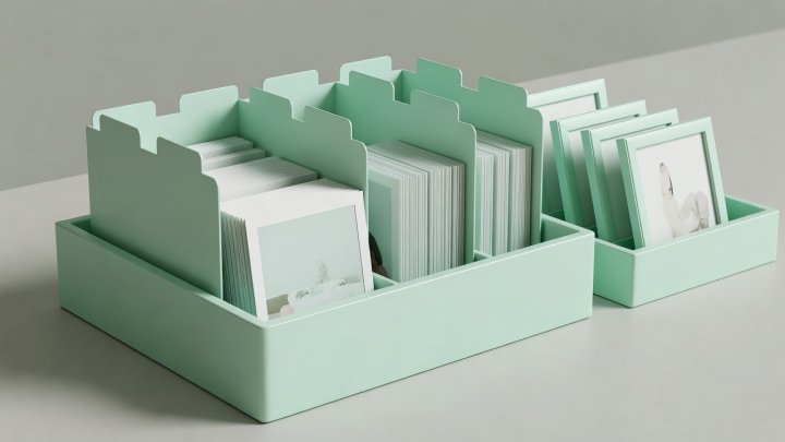 Soft-lit 3D composition of a mint photo sorting box with neatly tabbed year dividers and picture cards