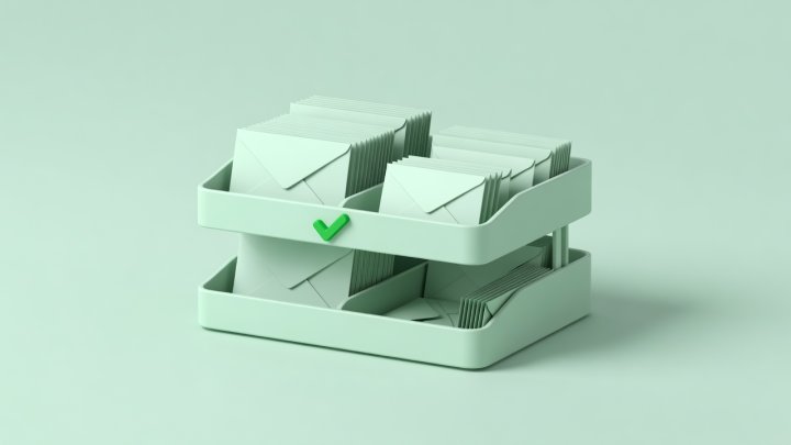 Soft-lit 3D two-tier inbox tray with sorted envelopes and a green checkmark tag on a mint background